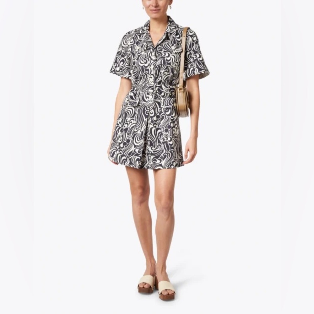 Tara Jarmon Ryfen Groovy Printed Linen-Blend Black White Shirt Dress Size 44